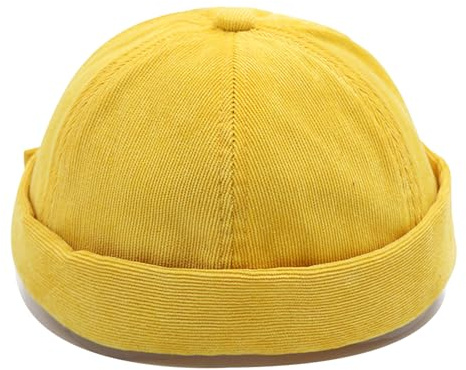 Opreng Unisex Stylish Rolled Cuff Skull Cap Adjustable Brimless Docker Hat Corduroy Cuff Harbour Beanie Hats (US, Alpha, One Size, Yellow)