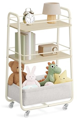 VASAGLE LILEA Collection - Storage Trolley with Fabric Basket, 3-Tier Rolling Trolley on Wheels, with Shelves, for Living Room, Bedroom, Kitchen, Natural Beige and Cream White LRC001LL02