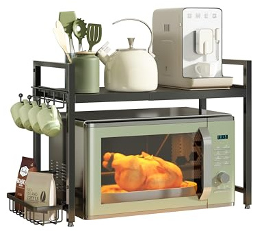 NETEL 2 Tier Expandable Microwave Shelf Rack, Microwave Stand Countertop | Over Microwave Shelf Unit with Metal Hooks and wire Basket, Adjustable Partition Height, Kitchen Shelves 25 kg max load