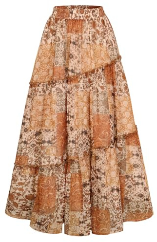 Scarlet Darkness Women's Boho Maxi Skirt High Waisted Chiffon Flowy Long Renaissance Skirts Orange Patchwork Floral XXL