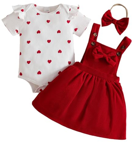 LUVCES Ensemble Nouveau-né Fille Jupe à Bretelles en Velours Côtelé + Haut Côtelée avec Cœur + Bandeau 3Pcs Jolie Vêtements d'Automne Hiver Été