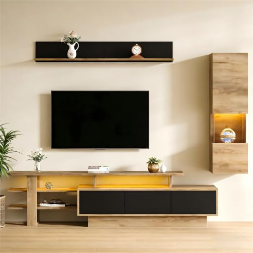 staronce Set Parete Attrezzata Soggiorno 3 pezzi – Mobile TV 180 cm con LED, Vetrina e Mensola Sospesa, TV Schrank per TV 80'', Mobile Soggiorno Moderno in Nero + Legno Naturale, USB LED con App