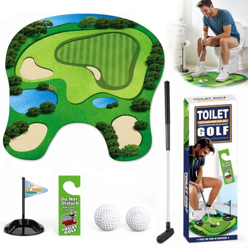 Qnbonrich Mini Töpfchen Golf Set, Toalettgolf Presentuppsättning med Skalbar Golfklubba, 2 Golfbollar och Dörrhänge, Puttingmatta, Mini Golf Roligt Mänspresent, för Badrum, Toalettspel