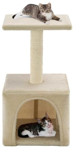 Mangloder Arbre à chat en sisal 55 cm beige avec maison et plateforme - Colonne à gratter en peluche et panneaux de particules pour escalade, gratter, jouer, dormir, cacher en intérieur