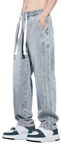 Generiska herrbyxor med elastiskt band, herr, jeans, slip-on-byxor, herr, lång storlek, fritidsbyxor med dragsko, jeans, raka ben, herrjeans, denim, raka byxor, mode, jeans, lediga denim, byxor