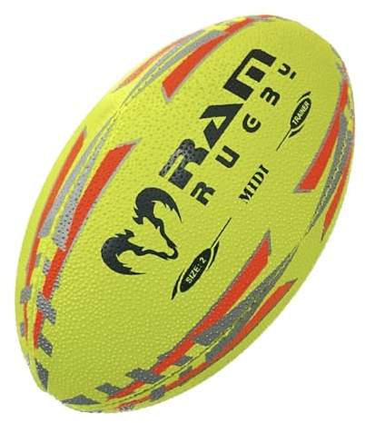 Ram Rugby Midi, palla da rugby, giallo fluo, misura 2 (22 cm), riempita ad aria, divertente per bambini e adulti, perfetta per esercitazioni di abilità, mini giochi, giochi in giardino e regali
