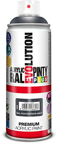 PINTYPLUS EVOLUTION Pintura Spray Acrílica Brillo 520cc Graphite Grey Ral 7024, Gris Grafito, 400 ml - 520 cc