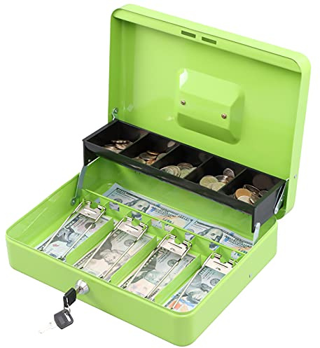 KYODOLED Locking Cash Box with Lock,Money Box with Cash Tray,Lock Safe Box with Key Money Saver,Money Saving Organizer,11.81Lx 9.45Wx 3.54H Inches,Limegreen XL Large
