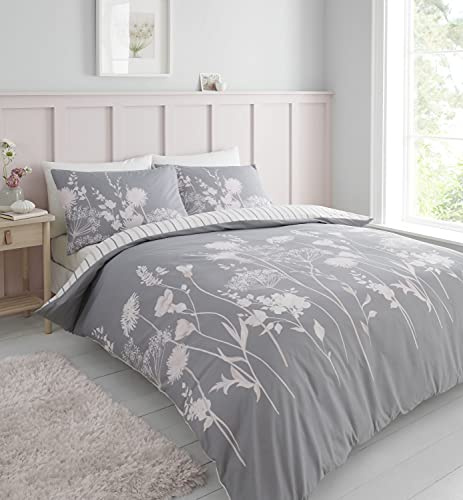 Catherine Lansfield Meadowsweet Floral Reversible Double Duvet Cover Set with Pillowcases Grey Pink