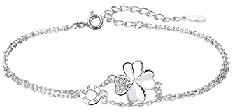 Belons Damarmband silver/roséguld 925 sterling silver kubisk zirkon fyrklöver berlockarmband justerbar kedja, present till flickor kvinnor, 7.87 inch, Sterlingsilver, Cubic Zirconia
