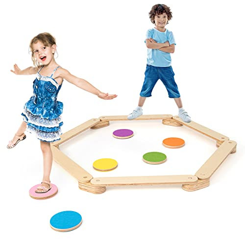 COSTWAY 12 tlg. Balancierbalken mit 6 Balanciersteine frei kombinierbar, aus Holz, Indoor und Outdoor für Kinder von 3-7 Jahren