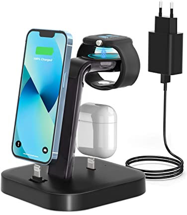 Ladestation für mehrere Geräte – ADADPU 3 in 1 Kabelloser Ladeständer für Apple Watch Serie 9/8/7/6/5/4/3/2/SE Handy-Ladestation für AirPods iPhone 14/13/12/11 Pro X Max XS XR 8 7 Plus-Schwarz