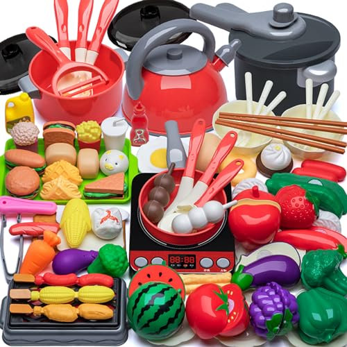AQXONG 74 Pcs Accesorios de Juguetes de Cocina para Niños, Juguetes de Cocina con Ollas y Sartenes, Juego de Roles de Chef Infantil para Niños y Niñas de 3 4 5 6 7 8 Años