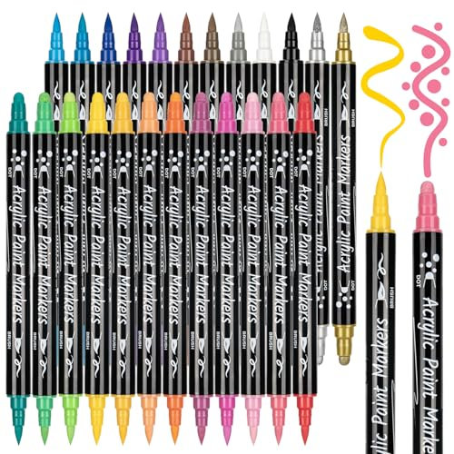 KERIFI Acrylstifte für Steine Wasserfest, 24 Farben Dual Tip Acrylfarben Set, Acrylstifte Wasserfest stifte für Steine zum Bemalen, Tassen, Kerzen, Holz Deko
