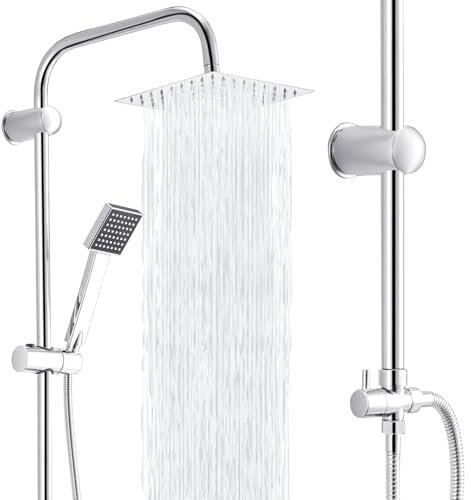 Trintion Shower Set with Overhead Rain Shower Wall Mounted Adjustable Temperature Twin Head Shower System (8 Inches Square)