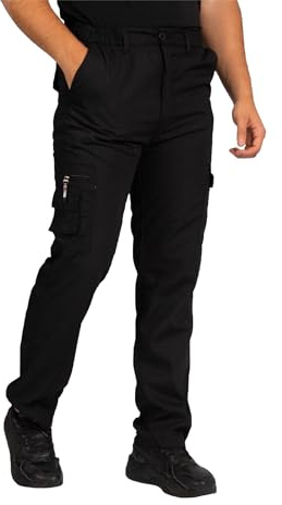 LABEL APPAREL Men’s Cargo Combat Trousers – Elasticated Waist Work Pants with Button & Zip Fly – Hiking & Outdoor Trousers 3XL Black