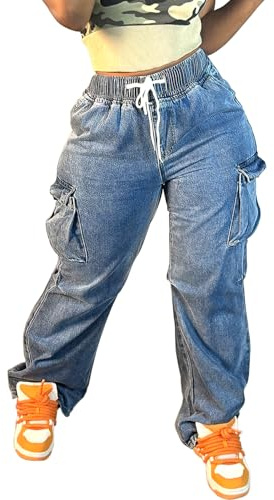 AprPith Mid Rise Cargo Jeans Women Elastic Waist Stretch Wide Leg Jeans Pants with Pockets Baggy Streetwear Pants y2k Blue
