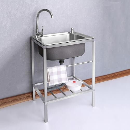 Acier Inoxydable Évier Cuisine Lavabo à Une Cuve, Évier Utilitaire Avec Égouttoir 1 Compartiment Avec Robinet, Évier Utilitaire,Plonge Inox for Cuisine, Restaurant, Garage, Jardin(Single cold,48*35cm)
