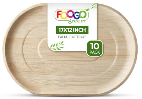 FOOGO Green 10 Plateaux de Service Jetables Feuille de Palmier, Grand Ovale 43x30 cm, Pizza, Entrées, Canapés, Planche Charcuterie, Robuste et Ecologique Comme Plateaux en Bois pour Plats Chauds