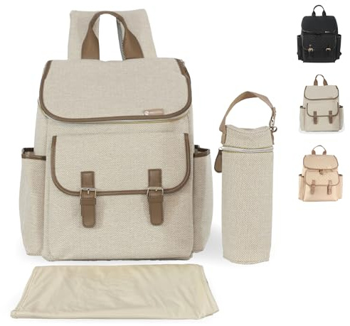 My Babiie Changing Bag Backpack - With Insulated Bottle Holder, Portable Changing Mat, Baby Travel Bag, Nappy Back Pack, 9 Pockets - Oatmeal Herringbone