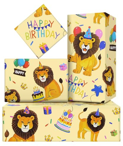 Boerni Lot de 6 feuilles de papier cadeau motif animal de la forêt - Papier cadeau d'anniversaire - Motif lion mignon - 50,8 x 71,1 cm - Pour fille, garçon, enfant, fête prénatale, Noël, Nouvel An