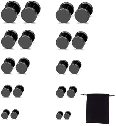 10 pares de pendientes negros para hombres y mujeres de calibre falso de acero quirúrgico, tornillo túnel, dilatador de oreja, pendientes falsos, juego de pendientes de acero inoxidable con bolsa, 18