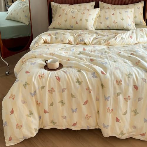 Lanqinglv Bettwäsche 135x200 cm Mädchen Gelb Bunt Schmetterling Bettwäsche aus Microfaser,ÖKO-TEX Bettwäsche Set - Bettbezug mit Reißverschluss und 1 Kissenbezug 80x80 cm