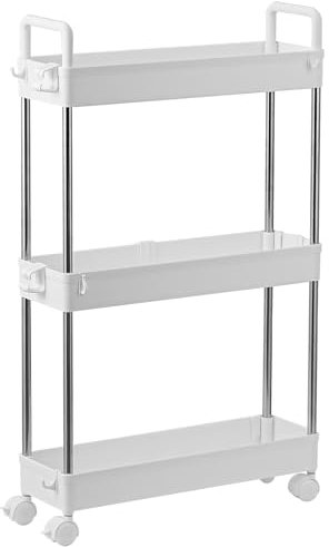 3-Tier Slim Storage Trolley Slide Out Rolling Utility Shelf Rack Storage Cart on Wheels Mobile Shelving Space Organizer for Kitchen/ Bathroom/ Laundry Room/ Office,Plastic & Stainless Steel(White S)
