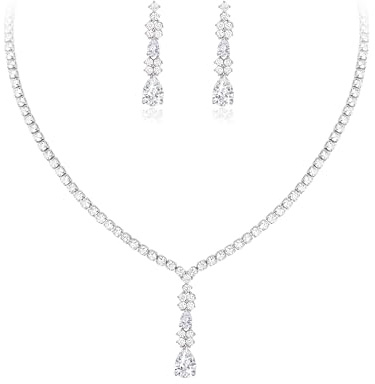 Rensa bröllopssmycken med zirkonia för kvinnor, brud, glittrande runt dropphänge, tennis-halsband, örhängen, set för bal, klara, silverfärger