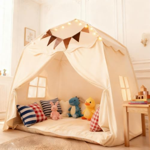 Tienda de campaña infantil para interiores con luces de estrellas y banderas de colores, tienda grande para habitación infantil (142 × 90 × 152 cm) para interior y exterior, casa de juegos para niños