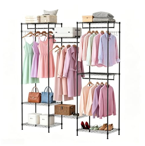 Aptliton Heavy Duty Clothes Rack, Portable Freestanding Closet Wardrobe with Multi Hanging Rods & Wire Shelves, Adjustable Garment Rack for Bedroom, Walk-in Closet, Black