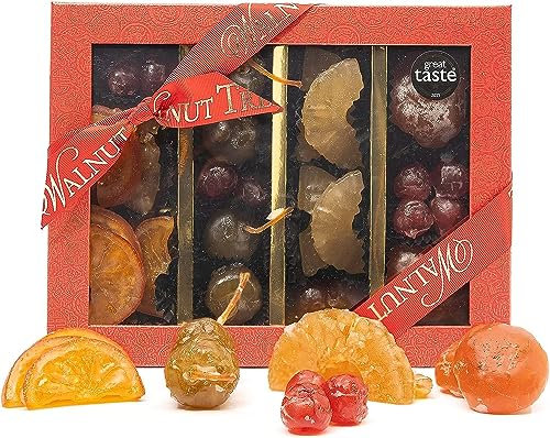Walnut Tree | Glace Fruit Box Selection | Handpacked in the UK with Glace Mandarin, Glace Pineapple, Glace Apple, Glace Cherry, Glace Pear in a Traditional Festive Presentation Gifting Box | 430g pack