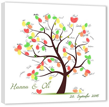 galleryy.net Fingerabdruck Leinwand 40x40 mit NAMEN & DATUM - INKL Zubehör-Set (Stempelkissen+Stift+Anleitung+Hochzeitsbuch+...) Ehebaum braun - Hochzeitsbaum Fingerabdruck