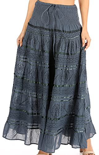 Sakkas 0604 Lace and Ribbon Peasant Boho Skirt - Grey - One Size