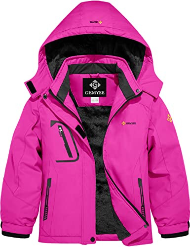 GEMYSE Chaqueta de Esquí para Niña Impermeable Abrigo de Invierno con Capucha Antiviento para Nieve Montaña con Forro Polar(Rosa roja,128-134)