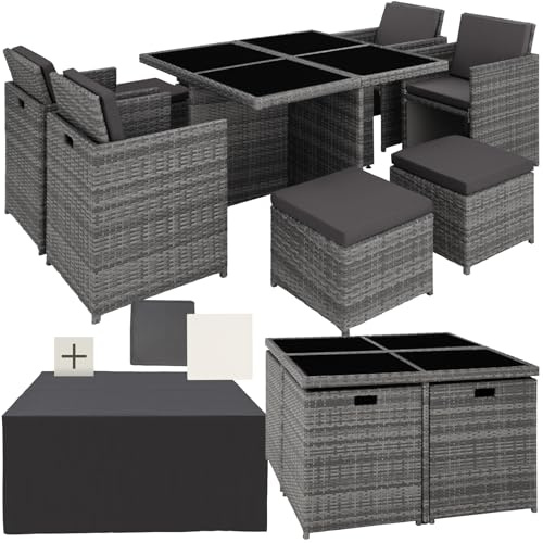 tectake® Set di Mobili da Giardino, Arredo Giardino, Resistente Rattan Sintetico, Alluminio, Mobili d Arredo, 4Sedie, Tavolo, 4Sgabelli, Involucro Protettivo - Grigio