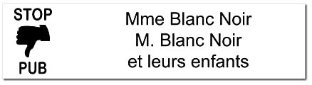 Targhetta incisa per nome cassetta postale STOP PUB autoadesiva, 10 x 2,5 cm, personalizzata, 1 a 3 righe, colore: bianco