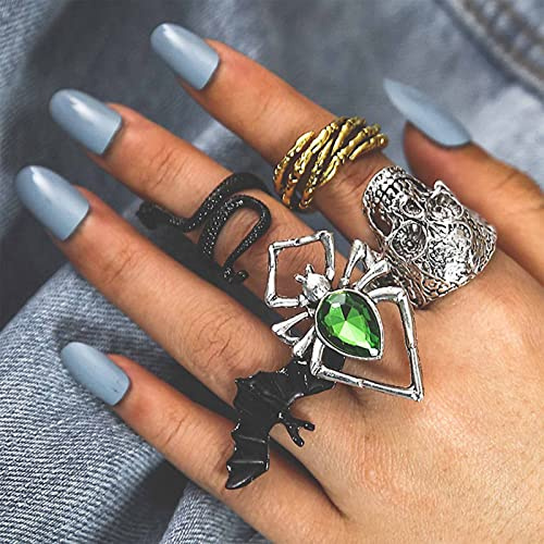 Inateannal 5pcs Halloween Nudillo Anillo Conjunto Gótico Cráneo Serpiente Murciélago Declaración Abierta Anillos Apilable Midi Esmeralda Halo Dedo Anillos De Joyería Para Las Mujeres Los Hombres