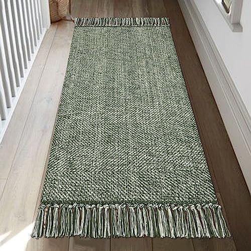 Collive Kitchen Runner Rug, 2' x 4.3' Hand-Woven Reversible Washable Rug, Olive Green/Cream Cotton Modern Farmhouse Bathroom Rug Hallway Carpet for Foyer Bedroom Entry Back Door Decor