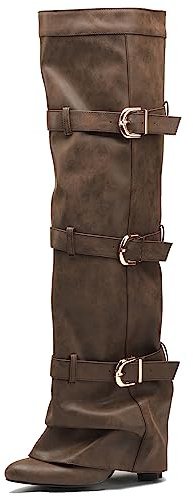 YIYA Women's Brown Slouchy Fold Over Knee High Boots with Buckle Pointed Toe Chunky High Heels Tall Boots