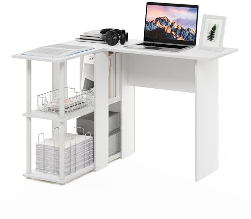 Furinno ABBOTT Desk, Gaming Desk with Bookshelf, L-Shape Computer Desk, Office Desk for Home Office, Bedroom, White
