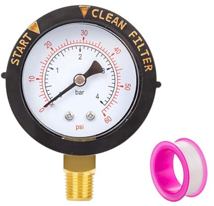 0-60psi Water Filter Pressure Gauge, Stainless Steel Pressure Gauge with Thread Seal Tape Pool Pump Pressure Indicator 1/4 NPT Lower Mount Pressure Test Table for Aquarium Spa Filter Air Water