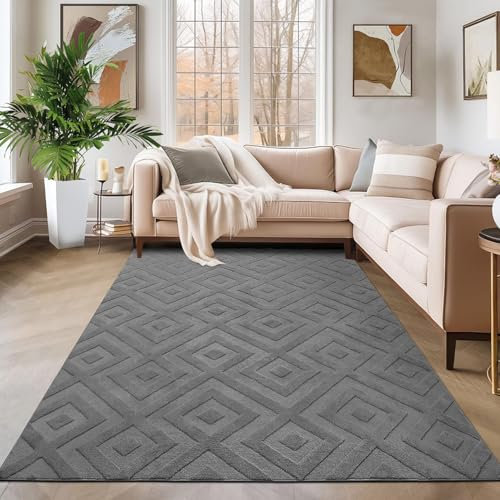 SHACOS Waschbarer Teppich Wohnzimmer Kurzflor 80x150 cm Weicher Teppich Modern Grau Wohnzimmerteppich mit Hoch-Tief-Effekt 3D Effekt rutschfeste Teppiche für Schlafzimmer, Esszimmer, Kinderzimmer
