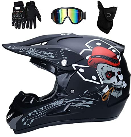 Jugend Kind Motocross Helm Satz, mit Brille Handschuhe Maske, Vollgesichtig Offroad Straße MTB Motorradhelm, Downhill ATV Roller Quad Bike Enduro-Rennen Absturz Helm(L/56-57CM)