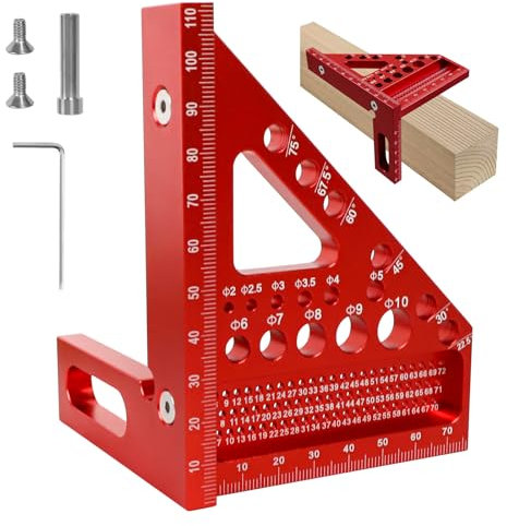 JOLIGAEA Équerre en Alliage d'Aluminium 22,5-90°, Outil de Mesure Précis, Outil de Marquage pour Menuiserie, Equerre Charpentier Précise, Rouge