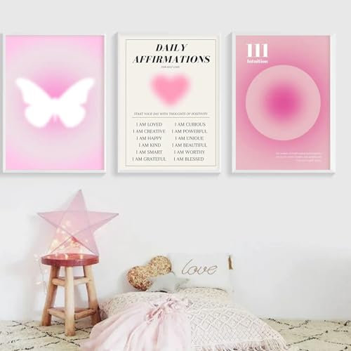 Set di 3 poster rosa, decorazione Aesthetic Aura e stampe artistiche, estetiche rosa farfalla, citazioni ispiratrici, tela per soggiorno, camera da letto, poster artistici stampati senza cornici, (#A,