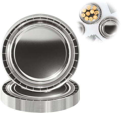 16 Vajilla Fiesta, Platos Papel, Platos de Fiesta, Vajilla Fiesta Cumpleaños, Platos Desechables, Vajilla de Fiesta Decoraciones para Bodas, Aniversarios, Camping, Picnics,17.8 cm (Plata)