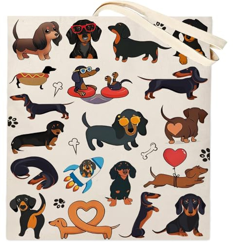 DOOX Dachshund Canvas Tote Bag, Reusable - Shopping/Grocery/Beach/Gifts Bag - Birthday & Christmas Dachshund Gifts for Women