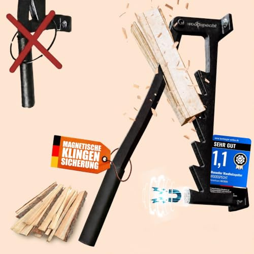 Woodspecht Holzspalter manuell [Magnetische Sicherung] Brennholz, Anzündholz Spalter, Holz spalten, Wood Splitter, Anmachholz Spalter, Hackklotz, manueller Holzspalter, Holzhacker mit Metallgriff