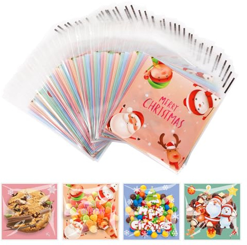 Bigqin 200Pcs Small Christmas Sweet Bags, Self-Adhesive Small Transparent Gift Bags for Filling Cookies Candy Nuts, Party Bags, Christmas Treat Bags for Sweets Candy Cookie (3.9x3.9inch)
